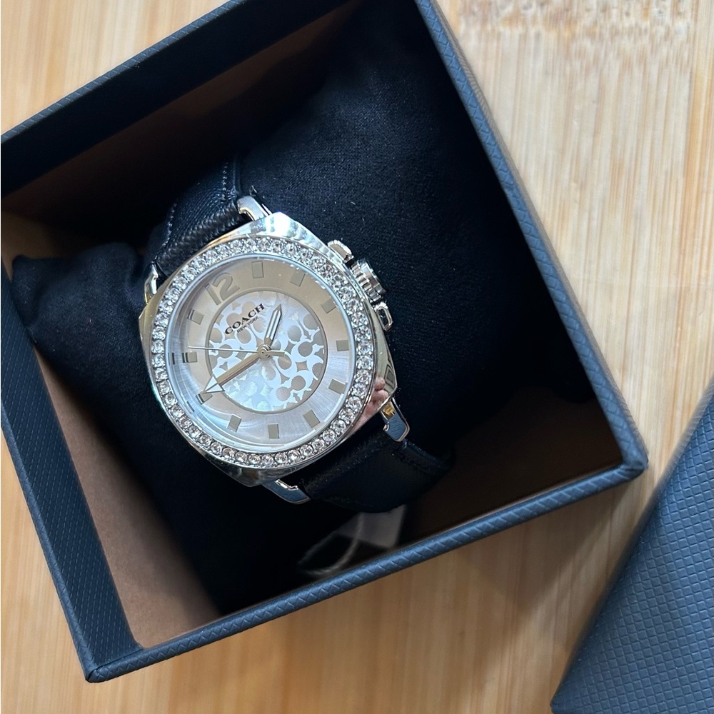 Coach Boyfriend Watch With 34m Silver Face & Black Textured Leather Band - Picture 8 of 10